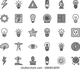 Thin Line Gray Tint Vector Icon Set - Lightning Vector, Matte Light Bulb, Incandescent Lamp, Window, Power Socket Type B, Dangers, Star, Eye, Storm Cloud, Lens, Pole, Energy Saving, Mercury, Flame