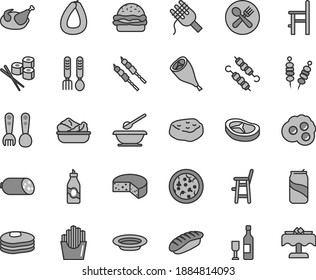 Thin line gray tint vector icon set - plates and spoons vector, a chair for feeding, child, plastic fork, iron, sausage, stick of, cheese, fried vegetables on sticks, pizza, burger, spaghetti, bacon