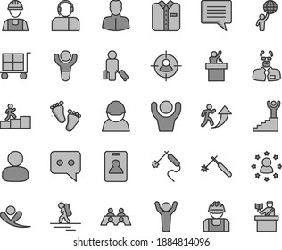 Thin line gray tint vector icon set - image of thought vector, cargo trolley, footprints, builder, operator, folded shirt, racer, welding, gas, woman, man, in sight, think, conversation, scientist