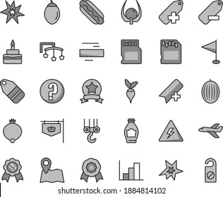 Thin line gray tint vector icon set - danger of electricity vector, add bookmark, minus, label, remove, pennant, negative histogram, question, toys over the cot, winch hook, Hot Dog, birthday cake