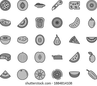 Thin line gray tint vector icon set - stationery knife vector, piece of cheese, pizza, slices onion, cake slice, bacon, meat, orange, sandwich, plum, water melon, half peach, tangerine, kiwi, lemon
