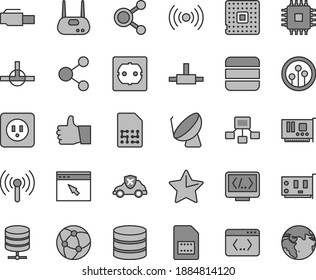 Thin line gray tint vector icon set - power socket type b vector, f, star, thumb up, big data server, autopilot, processor, satellite dish, SIM card, connection, connections, hierarchical scheme, pc