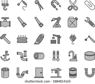 Thin line gray tint vector icon set - scissors vector, iron fork spoons, crane, tower, hook, winch, adjustable wrench, hand saw, arm, sewerage, ntrance door, knife, kitchen faucet, hammer, anchor