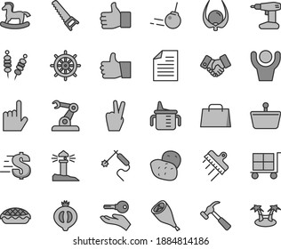 Thin line gray tint vector icon set - cargo trolley vector, scribbled paper, dollar, measuring cup for feeding, small rocking horse, drill, hand saw, spatula, hammer with claw, core, index finger