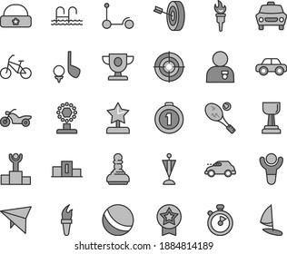 Thin line gray tint vector icon set - bath ball vector, motor vehicle, Kick scooter, warm hat, car, retro, stopwatch, flame torch, winner, pedestal, podium, prize, cup, gold, pawn, star reward, aim