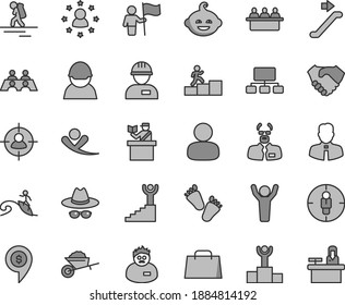 Thin line gray tint vector icon set - hat with glasses vector, funny hairdo, children's tracks, workman, garden trolley, employee, racer, court hearing, man, in sight, goal woman, scheme, hand shake