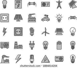 Thin line gray tint vector icon set - lightning vector, danger of electricity, incandescent lamp, saving light bulb, power socket type f, dangers, charge level, solar panel, windmill, factory, line