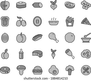Thin line gray tint vector icon set - measuring bottle for feeding vector, plates and spoons, sausage, cheese, piece of pizza, burger, mushroom, cake with a hole, hot porridge, chicken leg, thigh