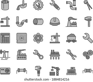 Thin line gray tint vector icon set - repair key vector, tower crane, cogwheel, adjustable wrench, sewerage, construction helmet, gear, working oil derrick, water pipes, factory, industrial building