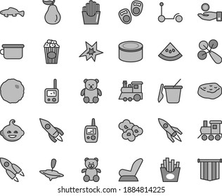 Thin line gray tint vector icon set - baby rattle vector, car child seat, toy phone, mobile, children's sand set, potty, teddy bear, small, funny hairdo, train, yule, Kick scooter, canned goods, cup