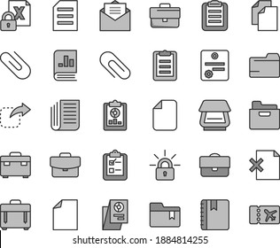 Thin line gray tint vector icon set - clip vector, briefcase, clean sheet of paper, folder, bookmark, suitcase, received letter, notebook, case, delete page, survey, move right, portfolio, research