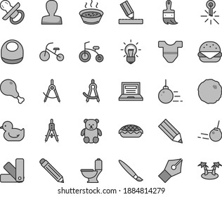 Thin line gray tint vector icon set - tassel vector, laptop, graphite pencil, woman, nipple, baby bib, Child T shirt, duckling, small teddy bear, bicycle, tricycle, big core, color samples, toilet