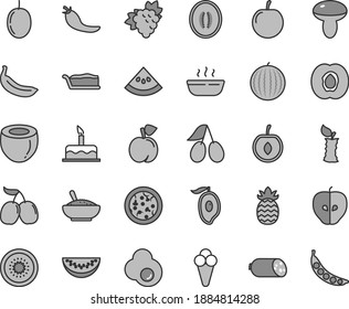 Thin line gray tint vector icon set - cake vector, sausage, pizza, mushroom, slice, a bowl of rice porridge, hot, cone, fried egg, peach, half apricot, branch grape, tasty apple, cornels, mango