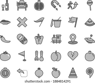 Thin line gray tint vector icon set - wind direction indicator vector, cross, pennant, stacking toy, tumbler, children's sand set, plastic fork spoons, baby train, yule, concrete mixer, broken heart