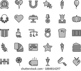 Thin line gray tint vector icon set - toys over the cradle vector, colored air balloons, balloon, window frame, new roller, sample of colour, wooden paint brush, ceramic tiles, star, heart, piece