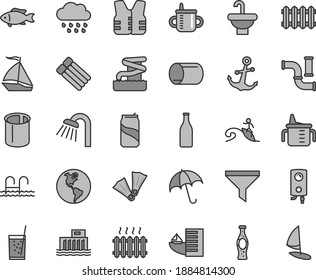 Thin line gray tint vector icon set - mug for feeding vector, measuring cup, rainy cloud, washbasin, shower, new radiator, boiler, anchor, umbrella, fish, a glass of soda, can, bottle, water pipes