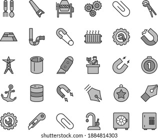Thin line gray tint vector icon set - clip vector, safety pin, iron fork spoons, concrete mixer, adjustable wrench, hand saw, siphon, gear, star, knife, stationery, paving slab, kitchen faucet, safe