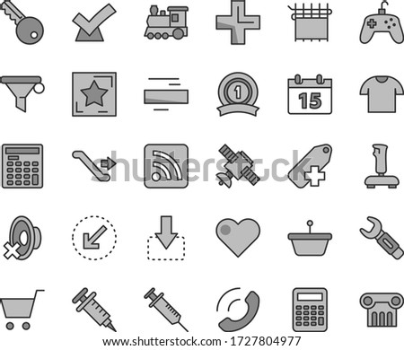 Thin line gray tint vector icon set - plus vector, minus, silent mode, add label, rss feed, calendar, left bottom arrow, heart, T shirt, phone call, move down, cloth industry, steel repair key, pan