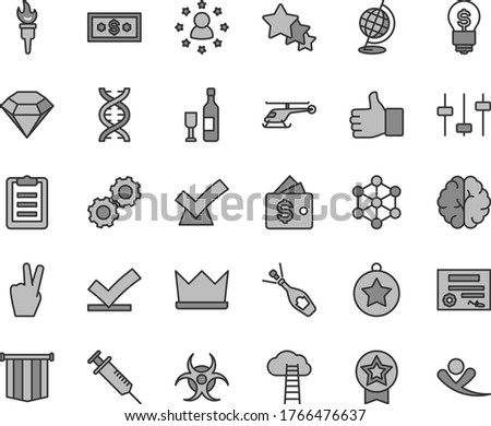 Thin line gray tint vector icon set - dna vector, brain, gears, settings, biohazard, globe, clipboard, syringe, patente, 3d cube, flame torch, finger up, star medal, diamond, pennant flag, confirm