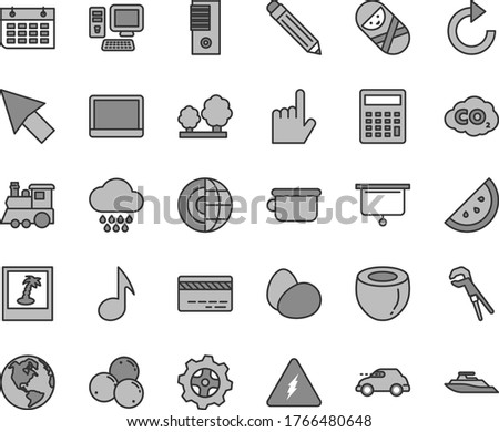 Thin line gray tint vector icon set - graphite pencil vector, bank card, clockwise, calculator, cloud, tumbler, children's potty, train, adjustable wrench, index finger, eggs, orange slice, trees