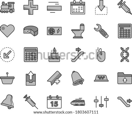 Thin line gray tint vector icon set - bell vector, calendar, add bookmark, plus, minus, upload archive data, folder, comfortable toilet, left bottom arrow, heart, move down, cheese, birthday cake