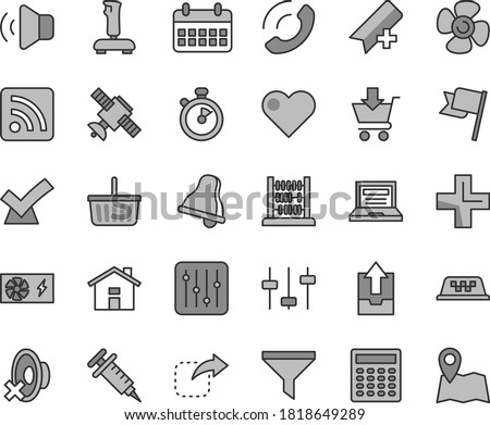 Thin line gray tint vector icon set - house vector, bell, laptop, add bookmark, grocery basket, plus, silent mode, rss feed, upload archive data, abacus, heart, flag, regulator, volume, put in cart