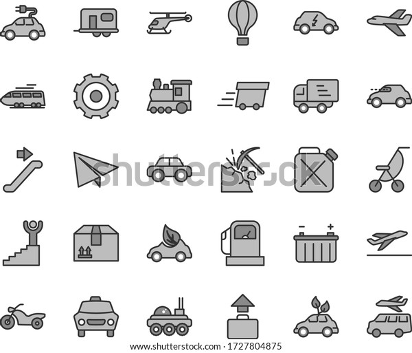 Thin line gray tint vector icon set - truck lorry\
vector, paper airplane, summer stroller, motor vehicle, car,\
cardboard box, coal mining, gas station, battery, canister, eco,\
electric, retro, train