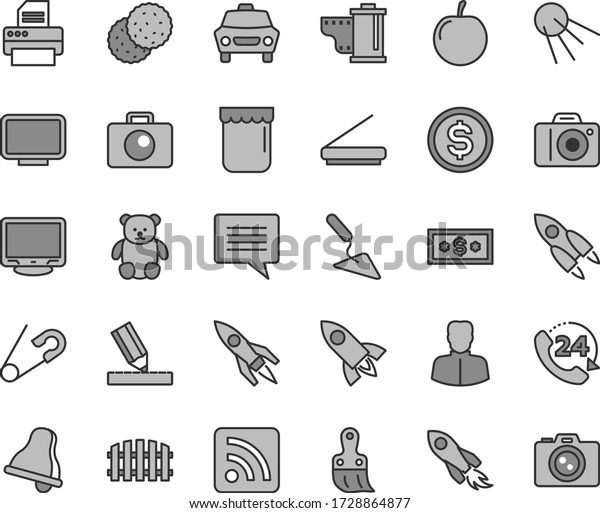 Thin line gray tint vector icon set - bell\
vector, image of thought, camera, roll, rss feed, open pin, small\
teddy bear, building trowel, plastic brush, drawing, fence, car,\
24, artificial satellite