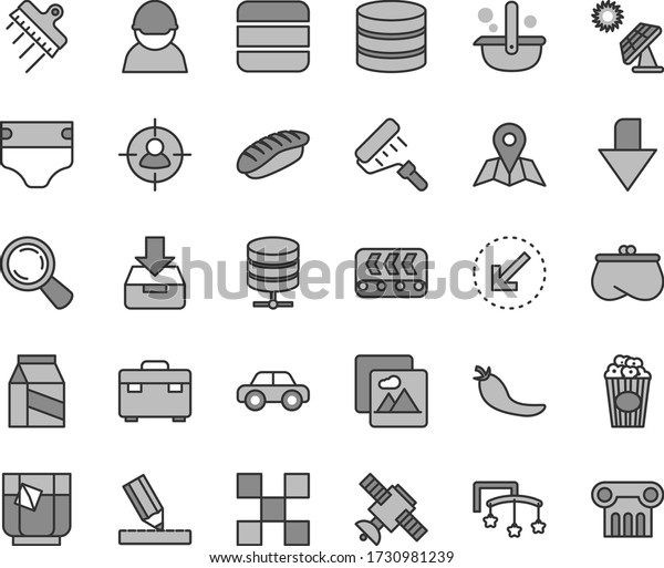 Thin line gray tint vector icon set - downward\
direction vector, toys over the cot, diaper, motor vehicle, paint\
roller, suitcase, drawing, tile, spatula, left bottom arrow,\
picture, map, package
