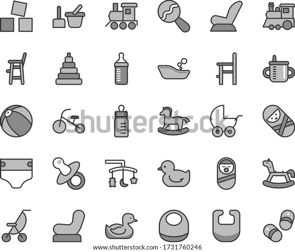 Thin line gray tint vector icon set - toys over the\
cradle vector, dummy, mug for feeding, bottle, measuring, diaper,\
bib, baby, beanbag, chair, car child seat, stroller, summer, rubber\
duck, a
