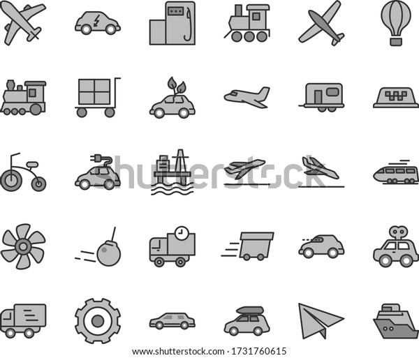 Thin line gray tint vector icon set - truck lorry\
vector, cargo trolley, paper airplane, motor vehicle present, baby\
toy train, child bicycle, core, delivery, sea port, marine\
propeller, retro, taxi