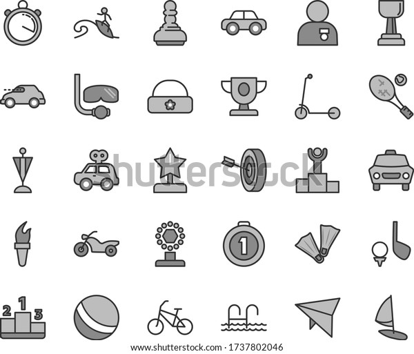 Thin line gray tint vector icon set - bath ball\
vector, motor vehicle, present, child Kick scooter, warm hat, car,\
pedestal, retro, stopwatch, flame torch, winner podium, prize, cup,\
gold, pawn