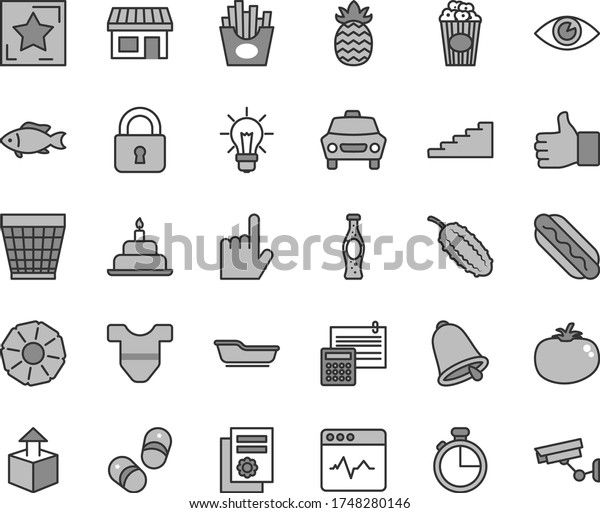 Thin line gray tint vector icon set - wicker pot\
vector, Child T shirt, bath, birthday cake, shoes, calculation,\
bell, lock, index finger, eye, timer, car, cardiogram, unpacking,\
Hot Dog, tomato, up
