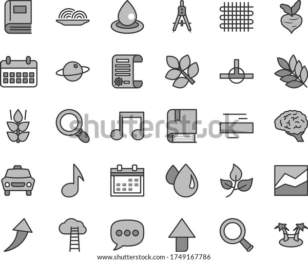 Thin line gray tint vector icon set - calendar\
vector, upward direction, minus, line chart, e, car, planet, onion,\
mint, beet, leaves, weaving, drop, of oil, Measuring compasses,\
research article
