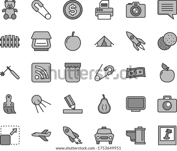 Thin line gray tint vector icon set - image of\
thought vector, camera roll, rss feed, safety pin, open, teddy\
bear, plastic brush, drawing, fence, car, artificial satellite,\
expand picture, jam