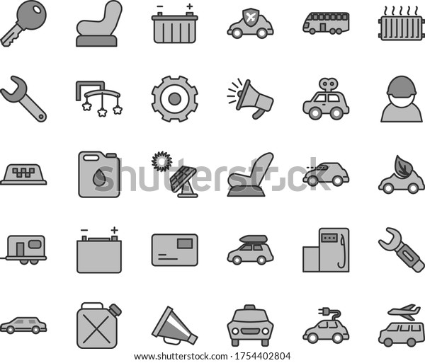 Thin line gray tint vector icon set - truck\
lorry vector, horn, toys over the cot, Baby chair, car child seat,\
motor vehicle present, key, pass card, big solar panel, modern gas\
station, accumulator