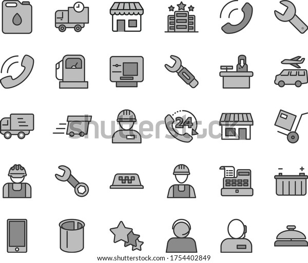 Thin line gray tint vector icon set - repair key\
vector, builder, workman, smartphone, delivery, 24, phone call,\
shipment, gas station, battery, canister of oil, pipes, steel,\
kiosk, stall, operator