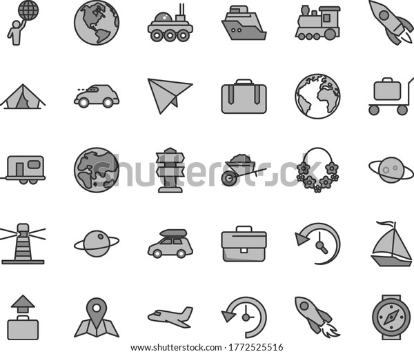Thin line gray tint vector icon set - sign of the\
planet vector, briefcase, garden trolley, map, retro car,\
lighthouse, rocket, space, history, saturn, lunar rover, man hold\
world, paper plane, tent