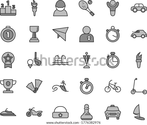 Thin line gray tint vector icon set - motor vehicle\
vector, child Kick scooter, warm hat, timer, car, pedestal, racer,\
retro, stopwatch, flame torch, winner, prize, gold cup, pawn, man\
with medal