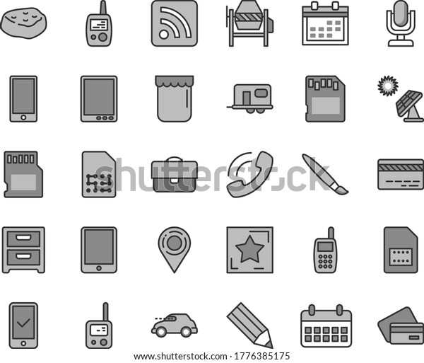 Thin line gray tint vector icon set - tassel\
vector, desktop microphone, calendar, bank card, rss feed, toy\
phone, mobile, concrete mixer, smartphone, nightstand, piece of\
meat, jam, big solar\
panel