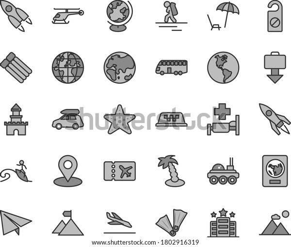 Thin line gray tint vector icon set - paper\
airplane vector, planet, Earth, geolocation, globe, rocket, lunar\
rover, mountain flag, sand castle, helicopter, car baggage, bus,\
taxi, backpacker, hotel