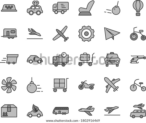 Thin line gray tint vector icon set - truck\
lorry vector, cargo trolley, paper airplane, car child seat, motor\
vehicle present, bicycle, tricycle, big core, delivery, cardboard\
box, marine propeller