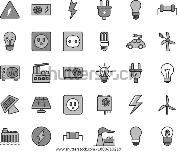 Thin line gray tint vector icon set - lightning\
vector, matte light bulb, power socket type b, f, solar panel,\
windmill, wind energy, factory, hydroelectricity, plug, electric,\
industrial building