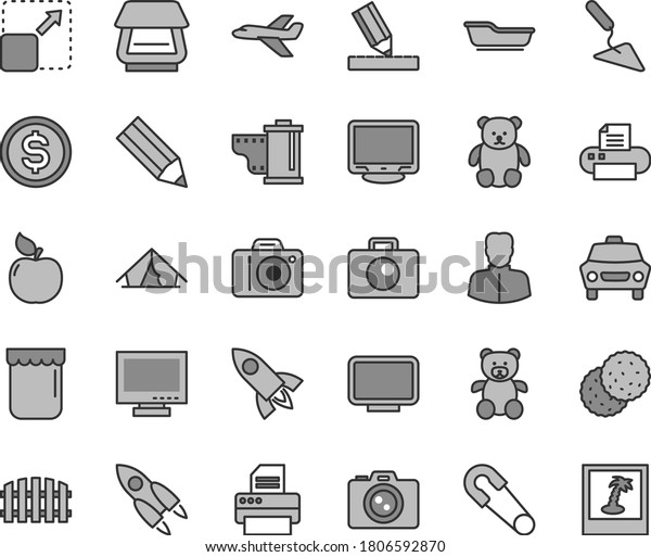 Thin line gray tint vector icon set - monitor\
vector, camera, roll, safety pin, bath, teddy bear, small, building\
trowel, drawing, fence, car, expand picture, jam, biscuit, apricot,\
woman, pencil