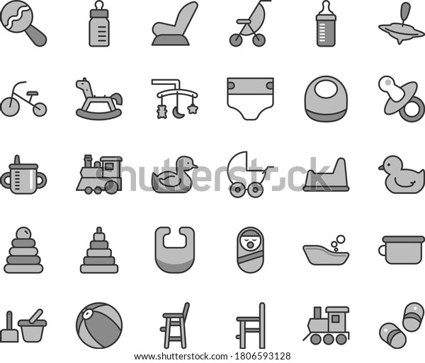 Thin line gray tint vector icon set - toys over the\
cradle vector, dummy, mug for feeding, bottle, measuring, diaper,\
bib, baby, beanbag, car child seat, stroller, summer, rubber duck,\
duckling, toy
