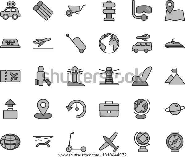 Thin line gray tint vector icon set - sign of the\
planet vector, briefcase, car child seat, motor vehicle present,\
Kick scooter, building trolley, globe, lighthouse, coastal,\
geolocation, history