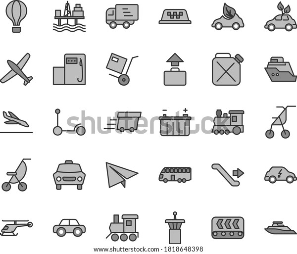 Thin line gray tint vector icon set - paper\
airplane vector, summer stroller, sitting, motor vehicle, baby toy\
train, Kick scooter, car, shipment, commercial seaport, modern gas\
station, battery