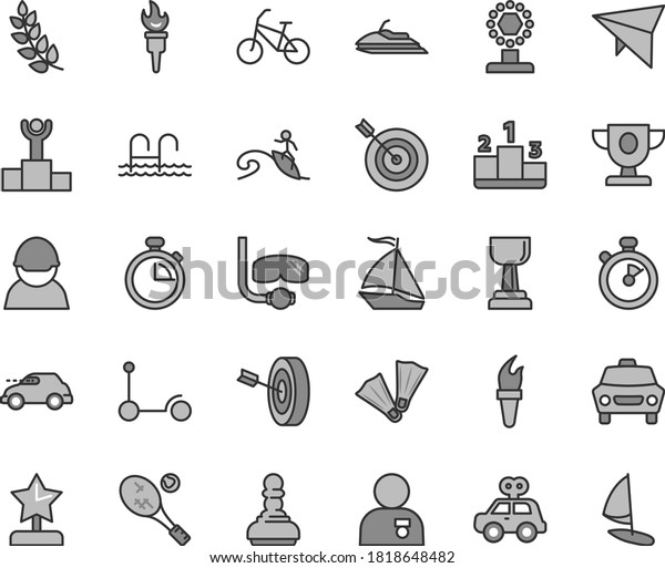 Thin line gray tint vector icon set - stopwatch\
vector, motor vehicle present, Kick scooter, car, pedestal, racer,\
retro, flame torch, laurel branch, winner podium, prize, cup, gold,\
pawn, target