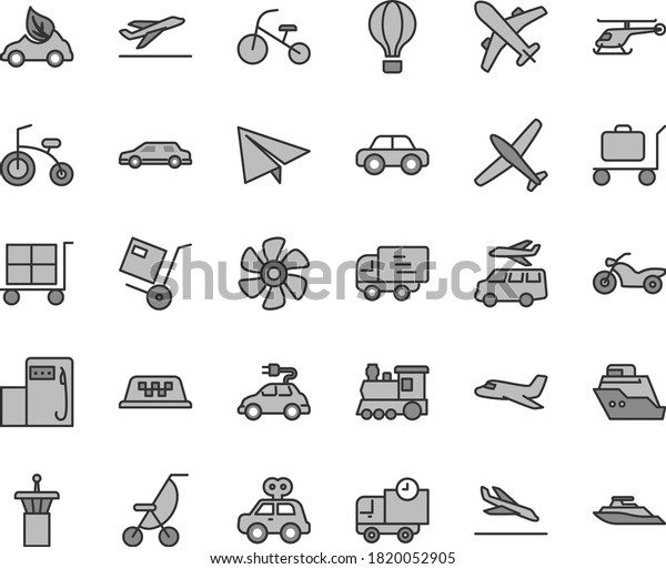 Thin line gray tint vector icon set - cargo\
trolley vector, paper airplane, summer stroller, motor vehicle,\
present, child bicycle, tricycle, delivery, shipment, marine\
propeller, modern gas\
station