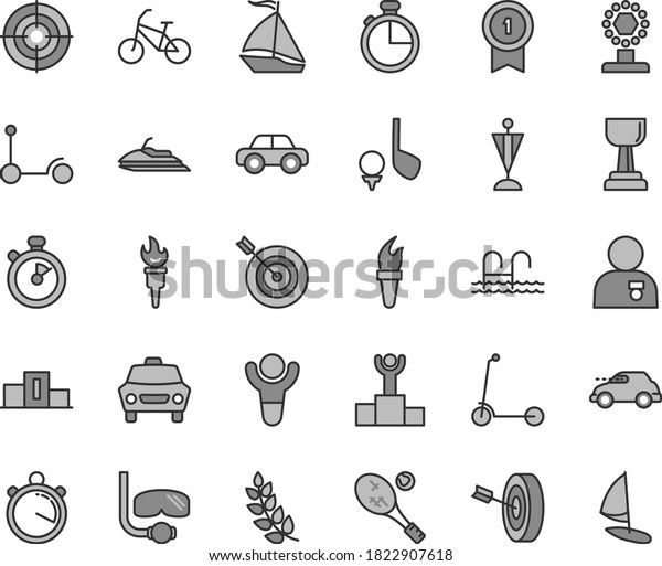 Thin line gray tint vector icon set - motor\
vehicle vector, Kick scooter, child, timer, car, retro, stopwatch,\
flame torch, winner, laurel branch, pedestal, podium, cup, gold,\
man with medal, target